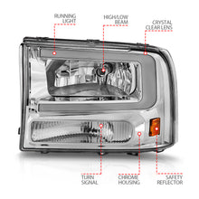Load image into Gallery viewer, 99-04-Ford-F250F350F450Excursion-(Excl.-99)-Crystal-Headlights---W-Light-Bar-Chrome-Housing