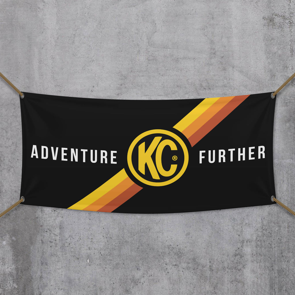 KC HiLiTES 99021 KC Banner 36x72 Adventure Further Logo Black Yellow