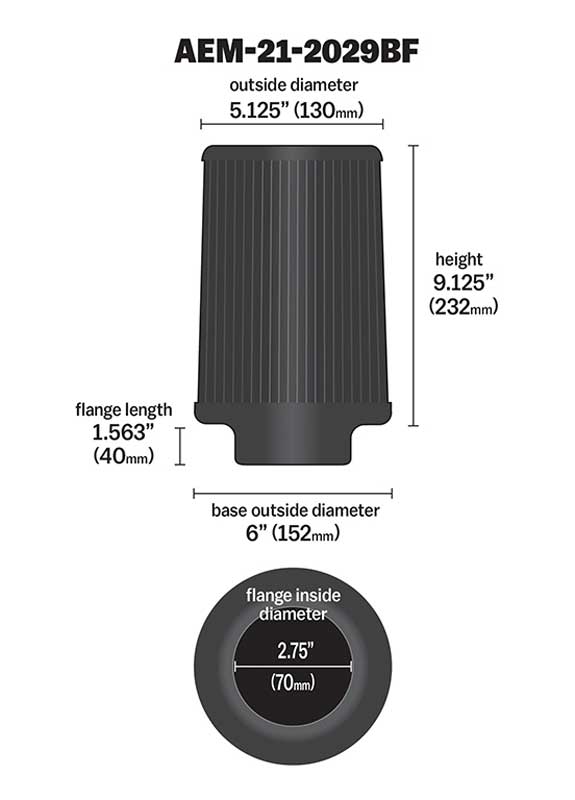 Dryflow-Conical-Air-Filter-2.75In-Flange-Id--6In-Base-Od--5.125In-Top-Od--9.125In-Height