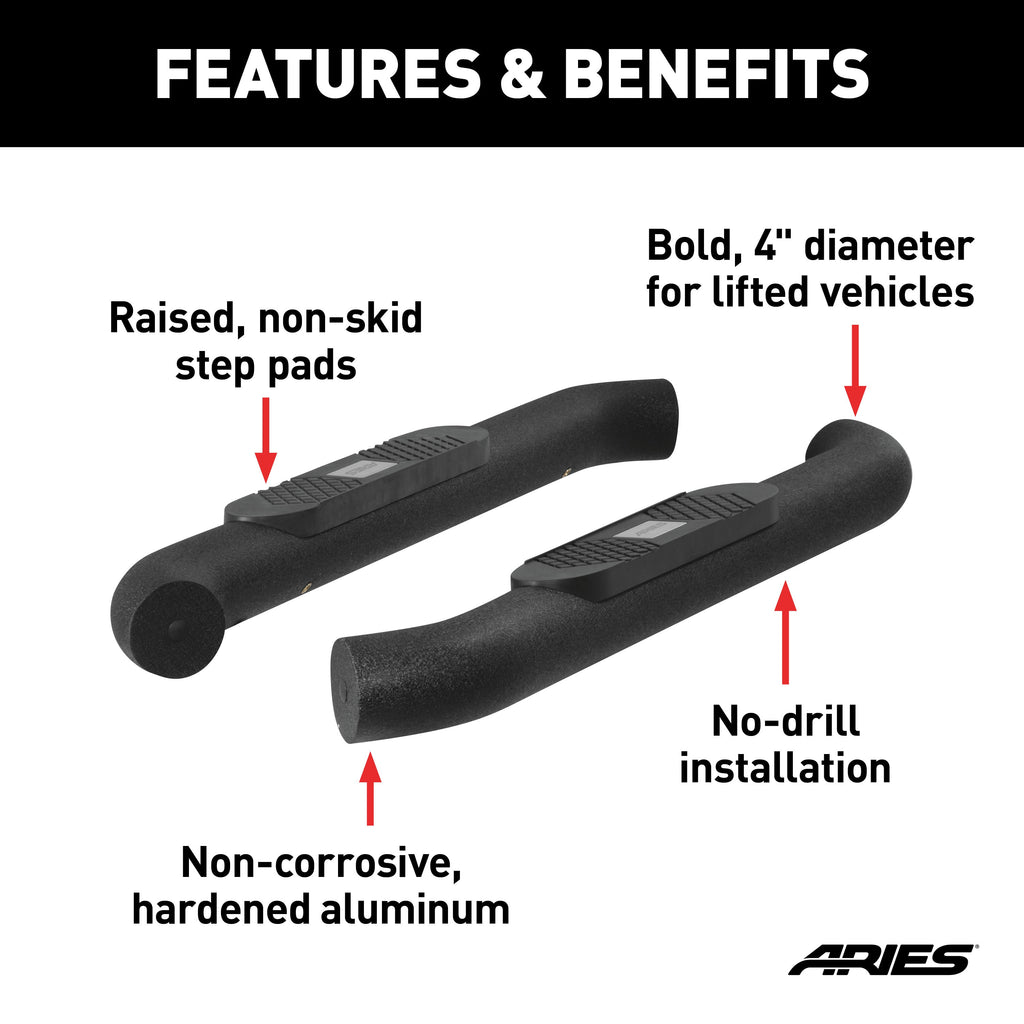 ARIES AL231008 Big Step 4in. Black Aluminum Round Side Bars; Select Jeep Wrangler JK - Truck Part Superstore