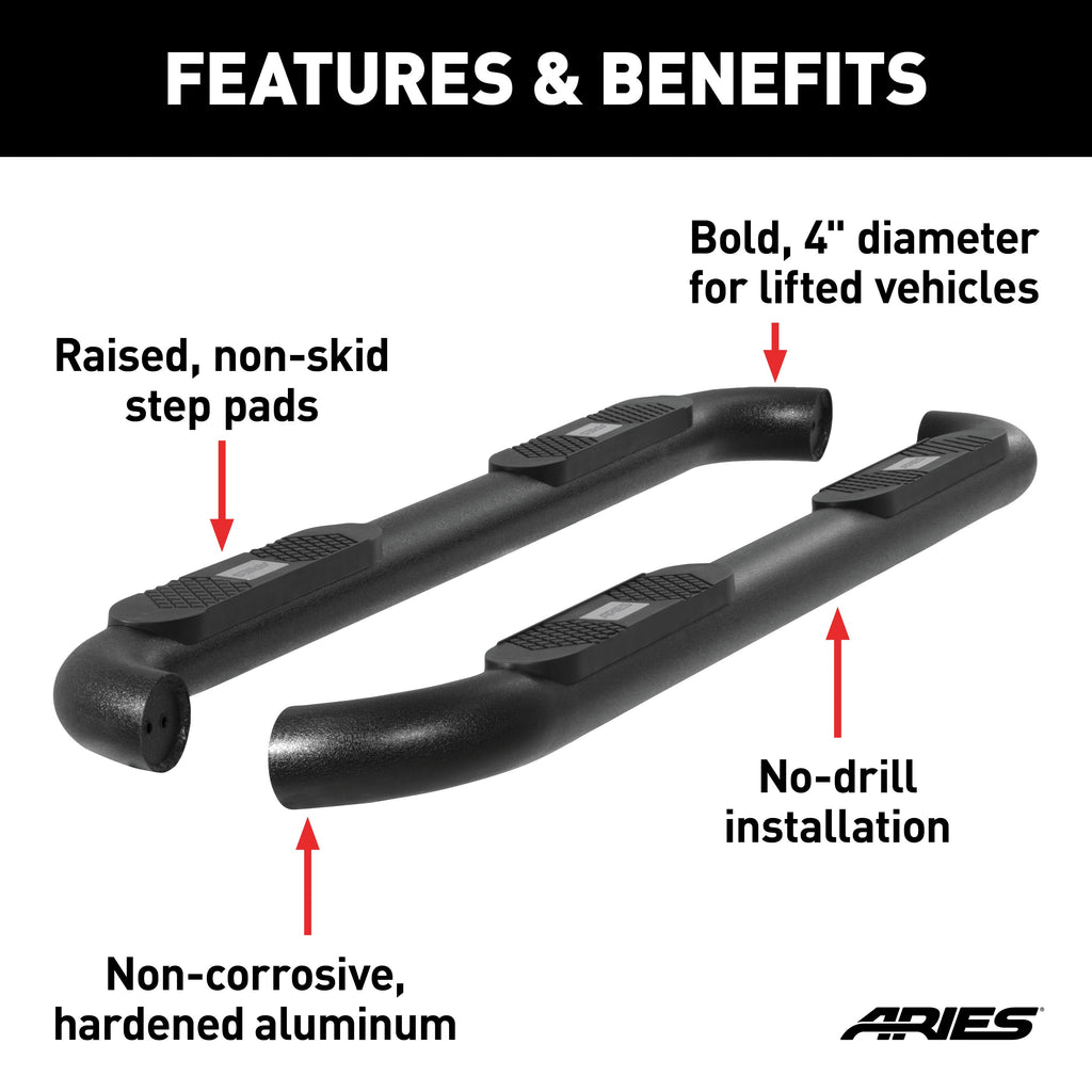 ARIES AL233006 Big Step 4in. Black Aluminum Round Side Bars; Select Ford Excursion; F-250; F-35 - Truck Part Superstore
