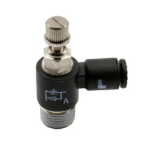 Load image into Gallery viewer, Dedenbear ANVRAMO-5/32 NEEDLE VALVE, 90?, 5/32" OD QK DISCONNECT TO 1/8" NPT (METER OUT) NICKEL PL BR