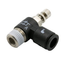 Load image into Gallery viewer, Dedenbear ANVRAMO NEEDLE VALVE, 90?, 1/4" OD QK DISCONNECT TO 1/8" NPT (METER OUT) NICKEL PL BR