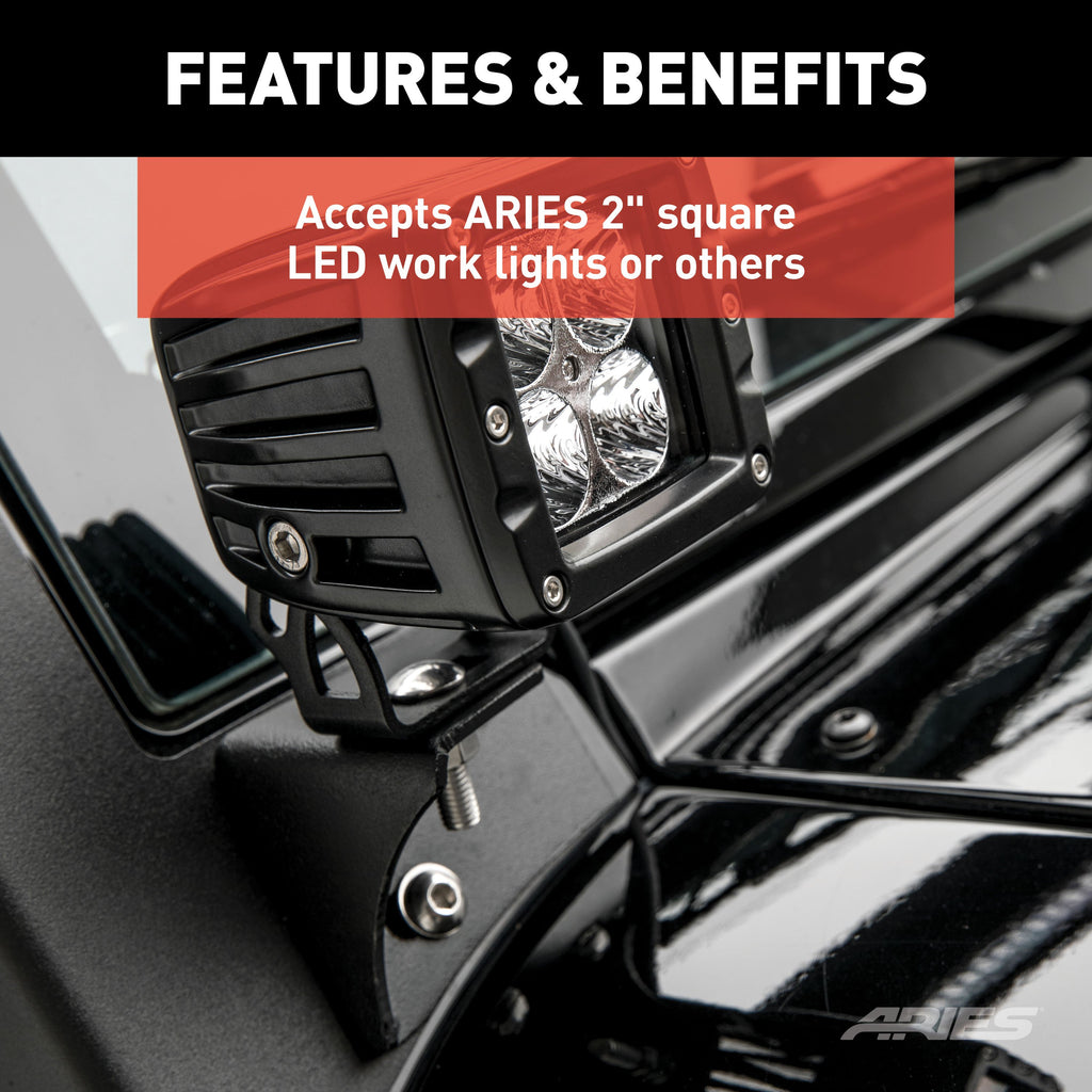 ARIES AR15800 Jeep Wrangler JK Windshield Light Brackets for Select Jeep Wrangler