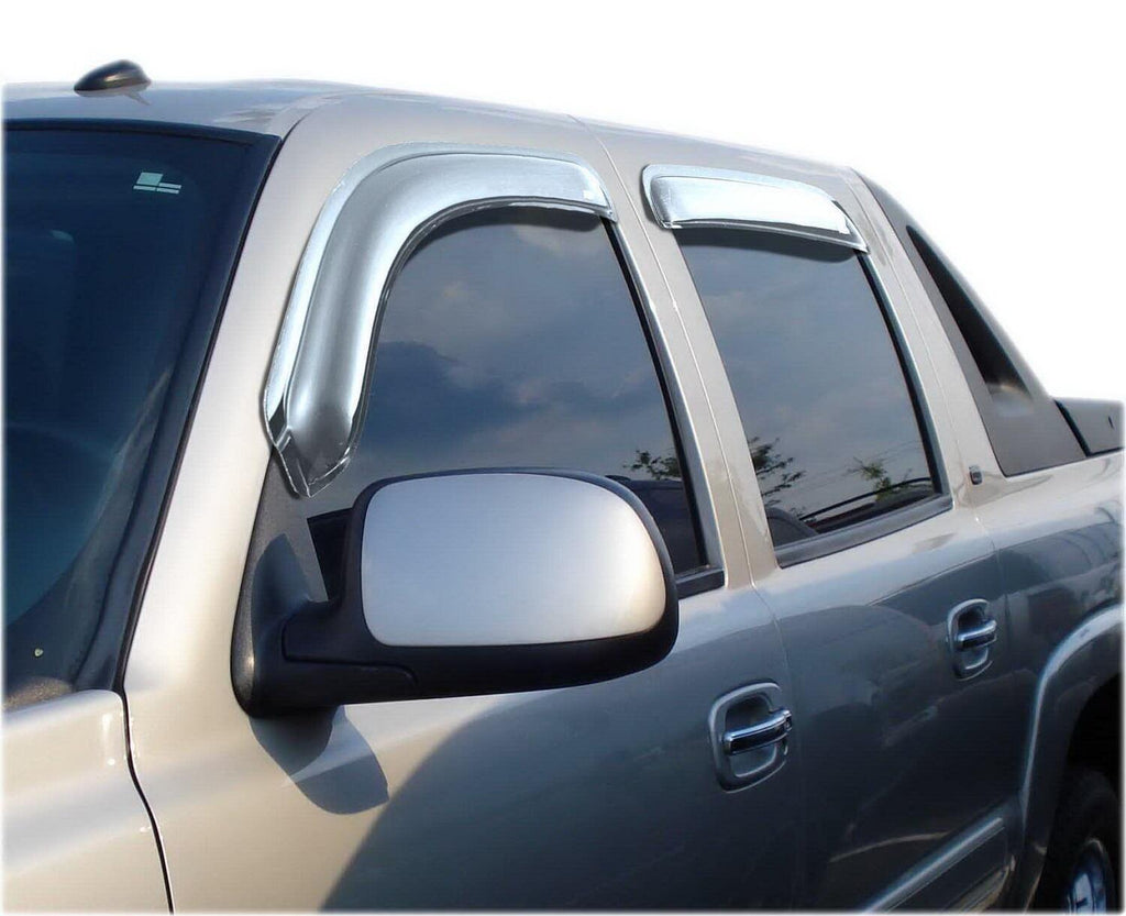 Auto Ventshade AVS 684355 Ventvisor Deflector; Chrome; Outside Mount; 4 pc. for Select Cadillac Escalade EXT, Chevrolet Avalanche 1500, Chevrolet Avalanche 2500, Chevrolet Silverado 1500, Chevrolet Silverado Classic, Chevrolet Silverado HD, Chevrolet