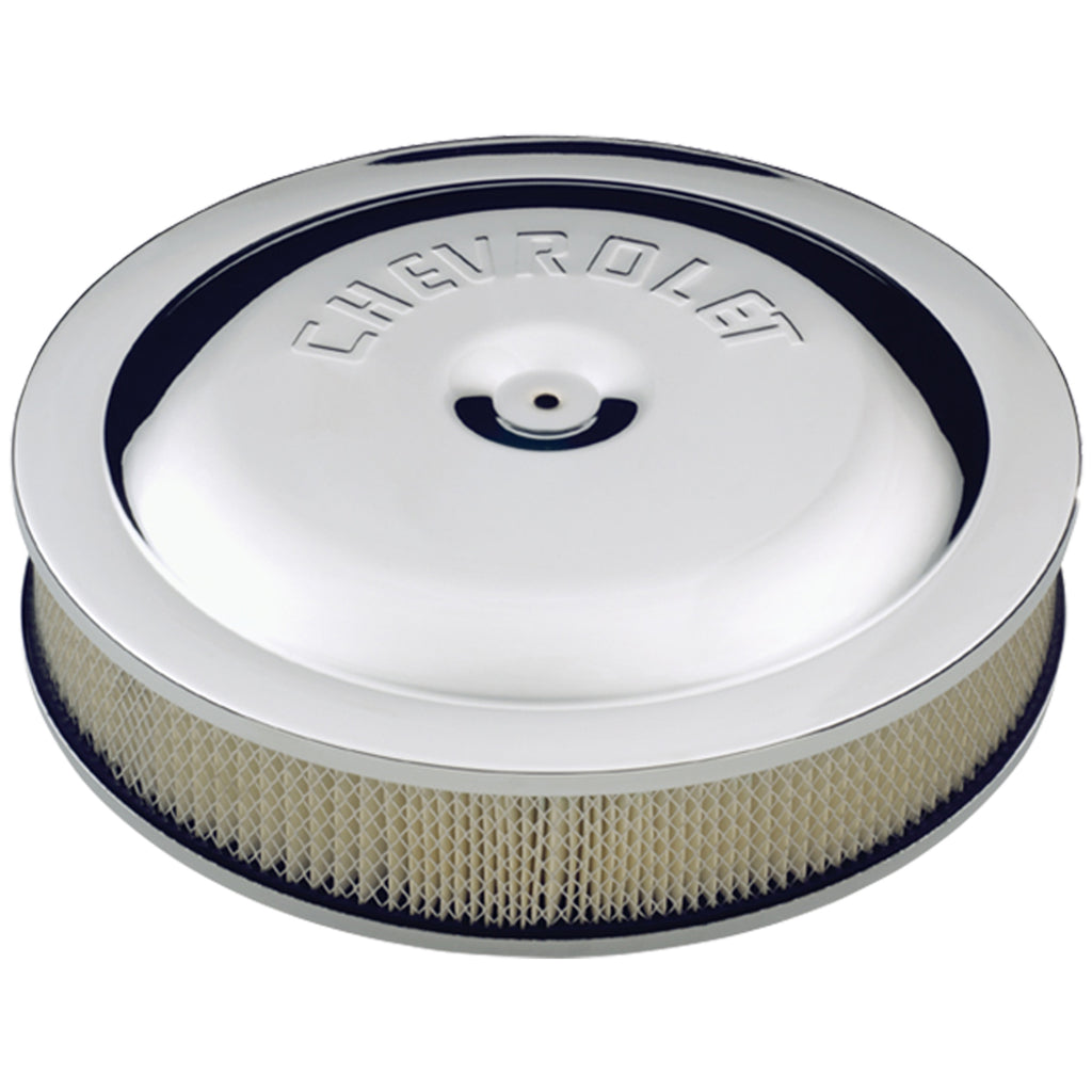 Air-Cleaner-Kit;-Chrome;-Embossed-Chevy-Logo;-14-In.-Diameter;-With-Center-Nut