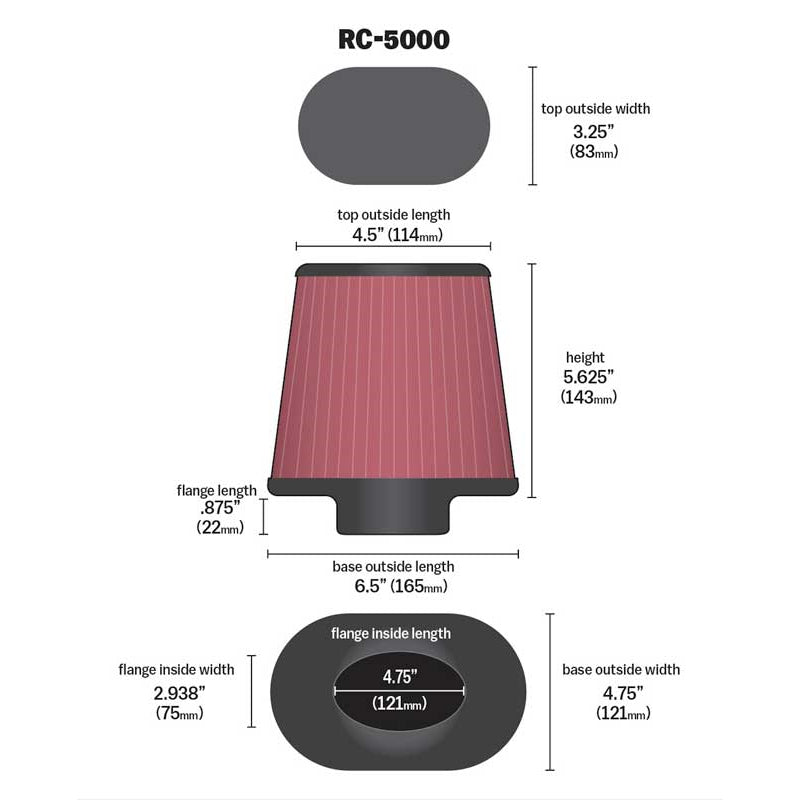 Air-Filter;-Universal-Air-Filter;-Base-Outside-Length-6.5-Inches;-Base-Uutside-Width-4.75-Inches;-Flange-Length-0.875-Inches;-Centered-Flange;-Height-5.625-Inches;-Top-Finish-Chrome