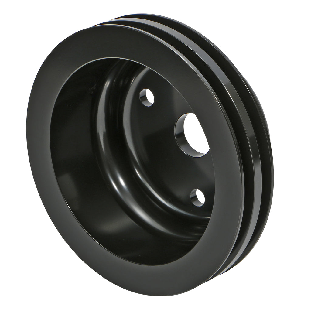 Aluminum-Sb-Chevy-Crankshaft-Pulley;-2-Groove;-Long-Water-Pump--Black-Finish