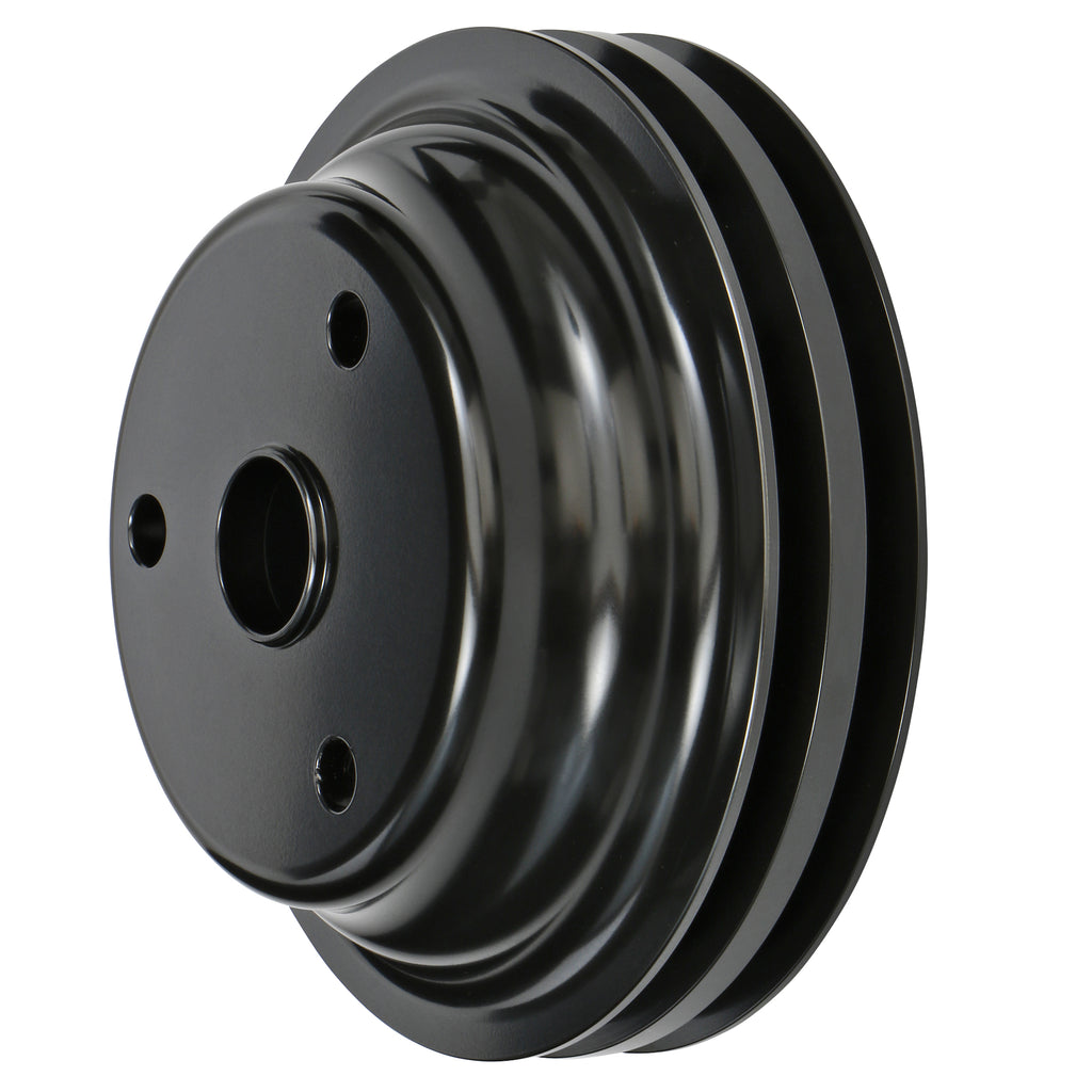 Aluminum-Sb-Chevy-Crankshaft-Pulley;-2-Groove;-Long-Water-Pump--Black-Finish
