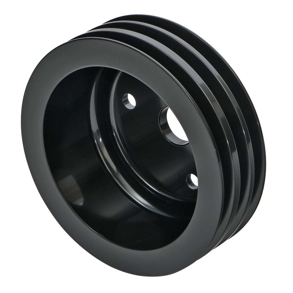 Aluminum-Sb-Chevy-Crankshaft-Pulley;-3-Groove;-Long-Water-Pump--Black-Finish