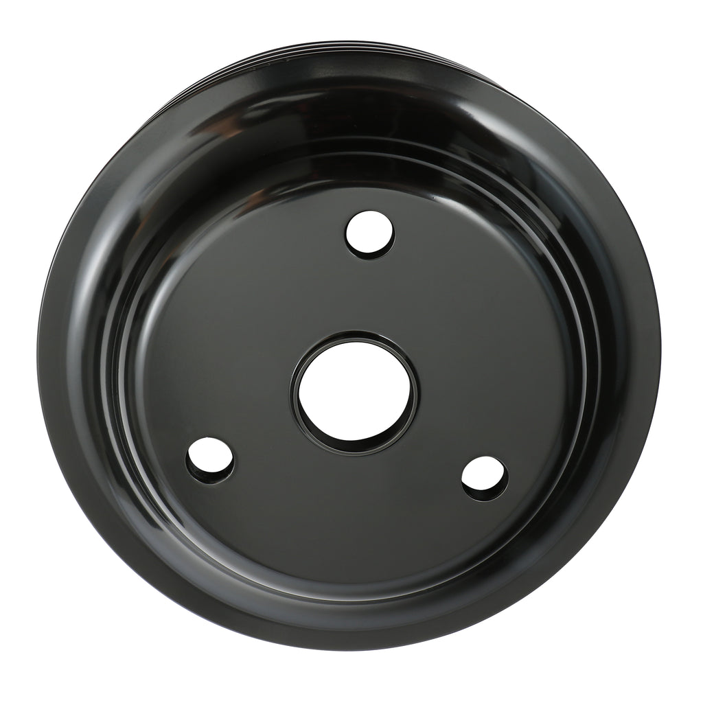 Aluminum-Sb-Chevy-Crankshaft-Pulley;-3-Groove;-Long-Water-Pump--Black-Finish