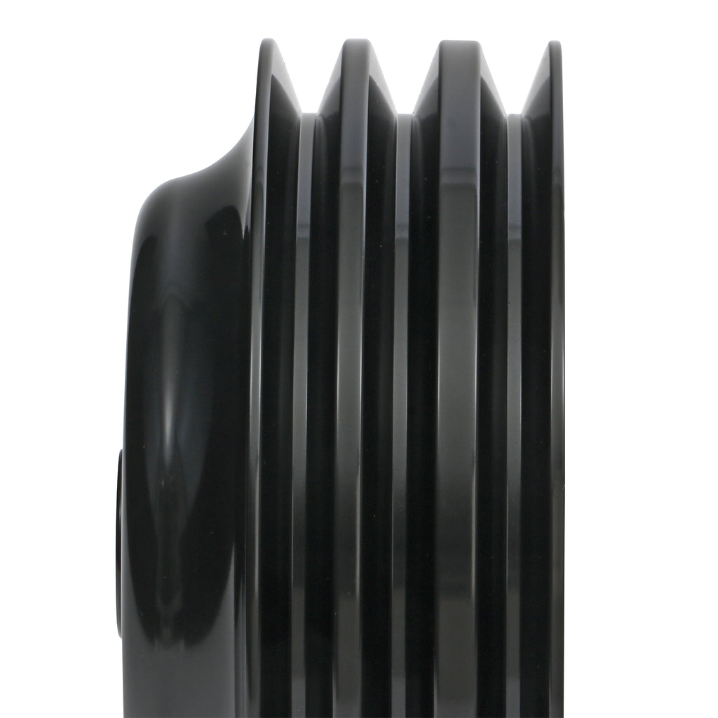 Aluminum-Sb-Chevy-Crankshaft-Pulley;-3-Groove;-Long-Water-Pump--Black-Finish