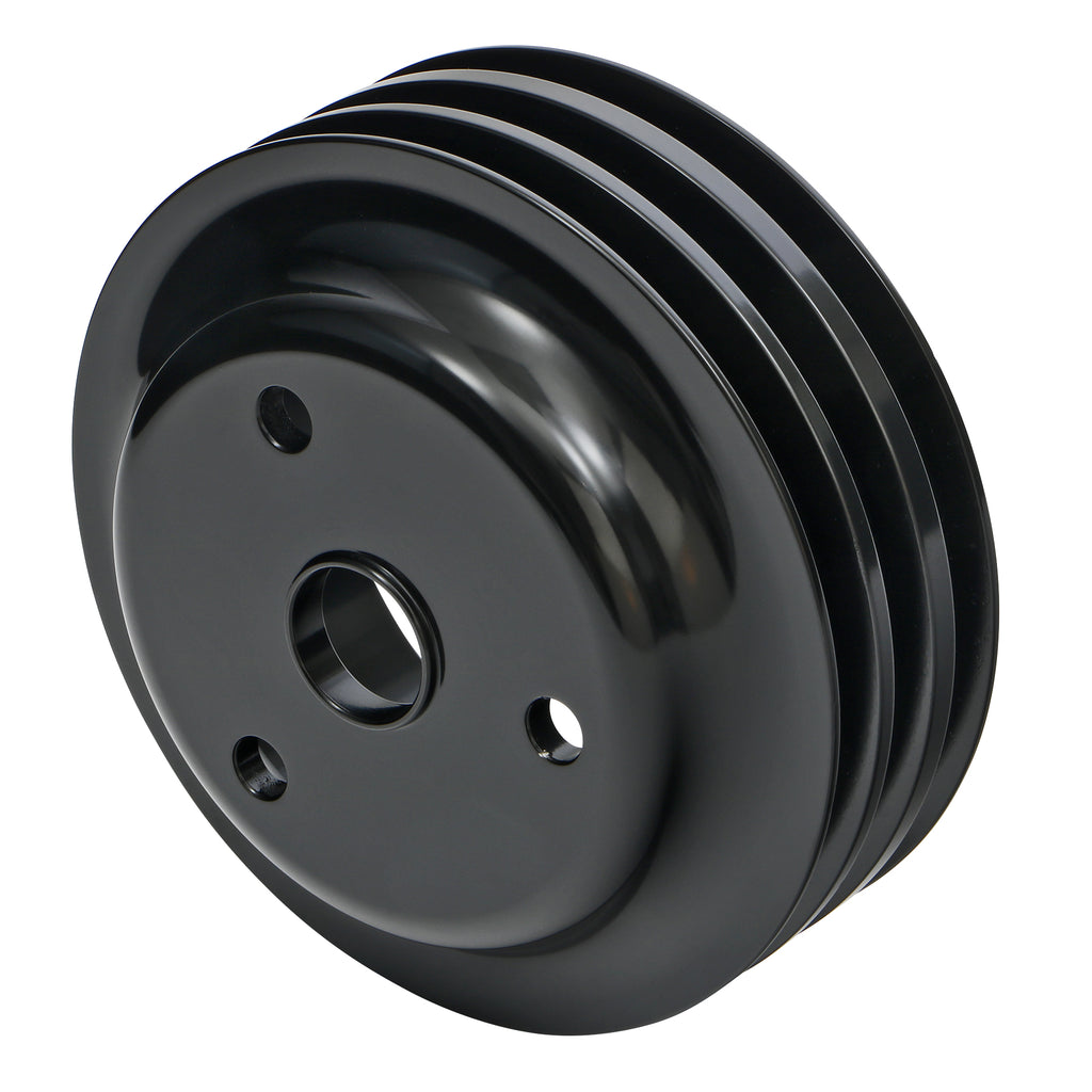 Aluminum-Sb-Chevy-Crankshaft-Pulley;-3-Groove;-Long-Water-Pump--Black-Finish