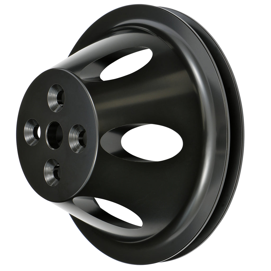Aluminum-Sb-Chevy-Water-Pump-Pulley;-1-Groove;-Short-Water-Pump--Black-Finish