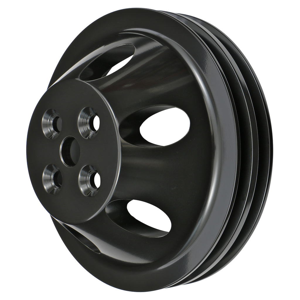 Aluminum-Sb-Chevy-Water-Pump-Pulley;-2-Groove;-Short-Water-Pump--Black-Finish