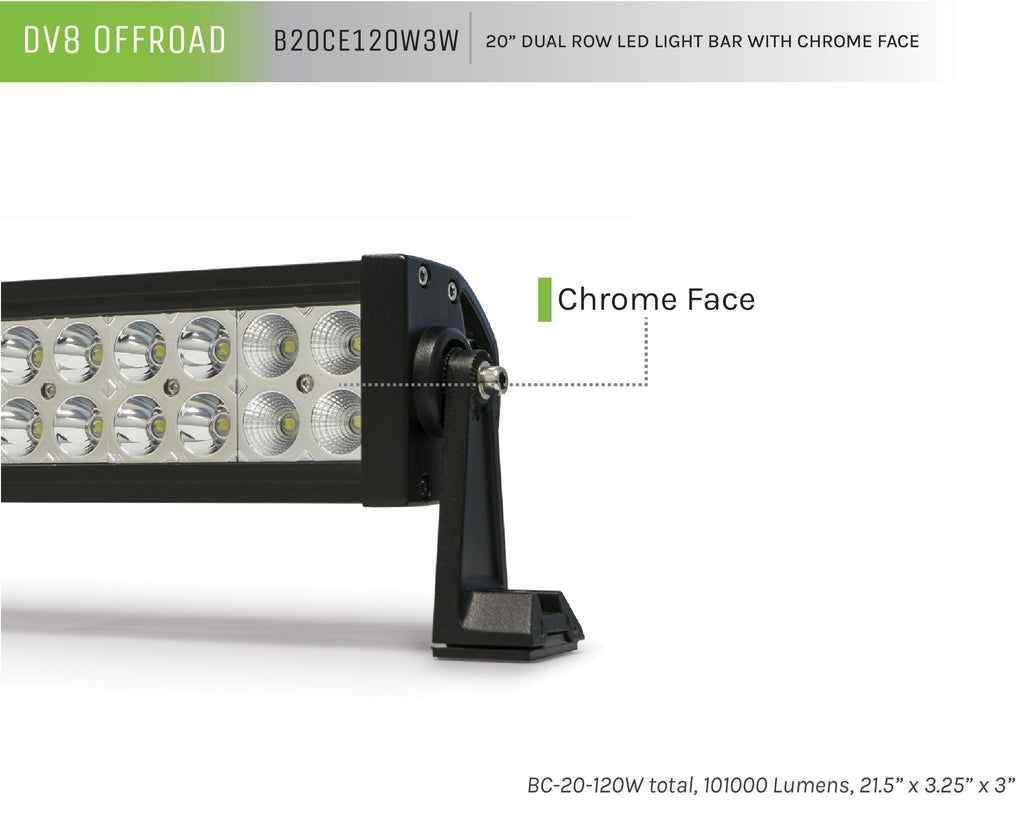 DV8 Offroad B20CE120W3W 20 in. Dual Row LED Light Bar; Chrome Face