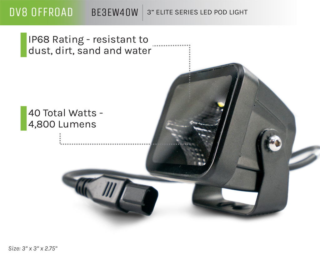 DV8 Offroad BE3EW40W BE3EW40W UNIVERSAL 3 INCH CUBE LED LIGHT WITH FLOOD PATTERN AND POST MOUNT