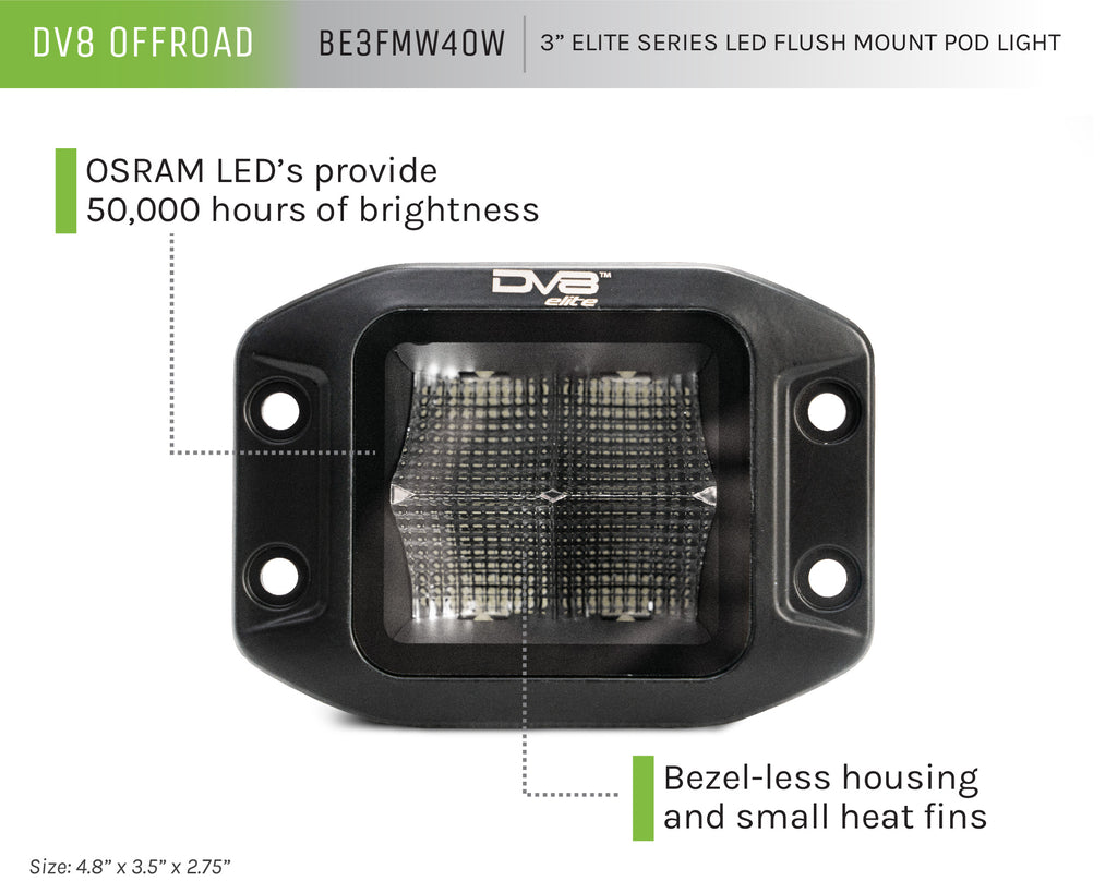 DV8 Offroad BE3FMW40W UNIVERSAL 3 in. CUBE LED LIGHT WITH FLOOD PATTERN AND FLUSH MOUNT PLATE BUILT IN