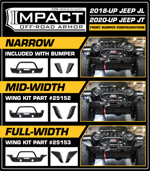 ICON Impact Series Offroad Armor 25153 18-UP JEEP JL / 20-UP JT FRONT IMPACT FULL WIDTH WINGS for Select Jeep Gladiator, Jeep Wrangler