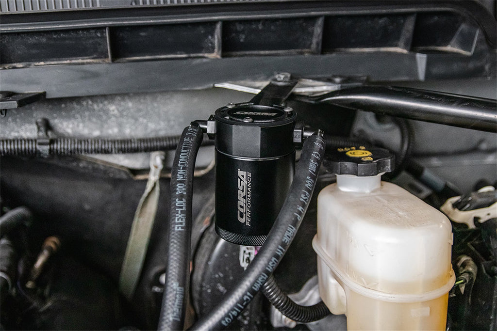 Corsa Performance CC0001 CORSA Performance 3 oz. aluminum oil catch can with mounting bracket for Select Cadillac Escalade, Cadillac Escalade ESV, Chevrolet Silverado 1500, Chevrolet Suburban, Chevrolet Tahoe, GMC Sierra 1500, GMC Yukon, GMC Yukon XL