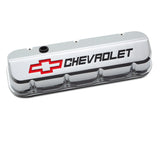 Proform 141-877 Engine Valve Covers; Tall; Die-Cast; BB Chevy; Chrome w Red/Blk Chevy Logo
