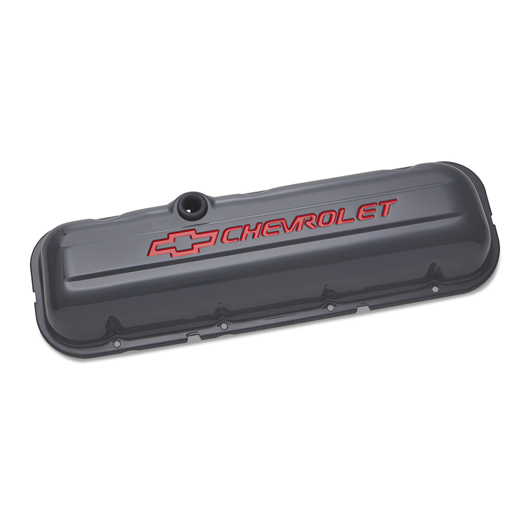 Chevy--Bowtie-Emblem;-Steel-Valve-Covers;-Stock;-BB;-Recessed-Red-Emblems;-Sha