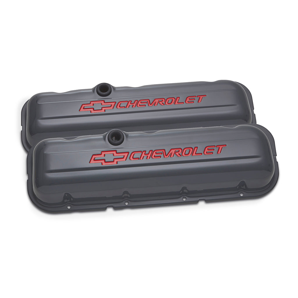 Chevy--Bowtie-Emblem;-Steel-Valve-Covers;-Stock;-BB;-Recessed-Red-Emblems;-Sha