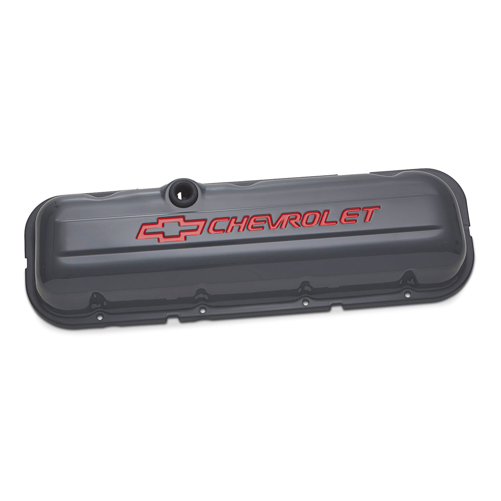 Chevy--Bowtie-Emblem;-Steel-Valve-Covers;-Stock;-BB;-Recessed-Red-Emblems;-Sha
