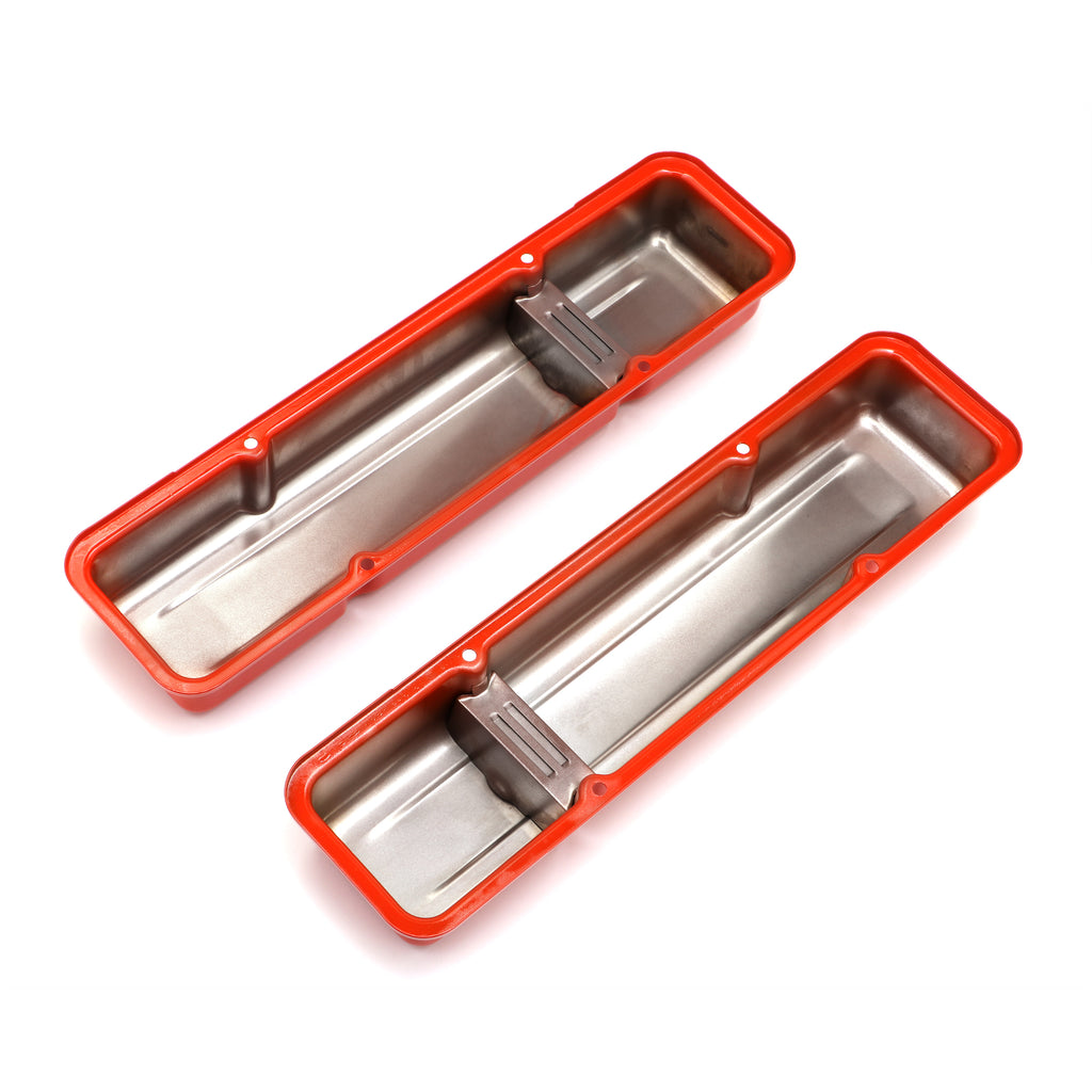 Chevy-283-400-Short-Orange-Powder-Coated-Valve-Covers--Baffled