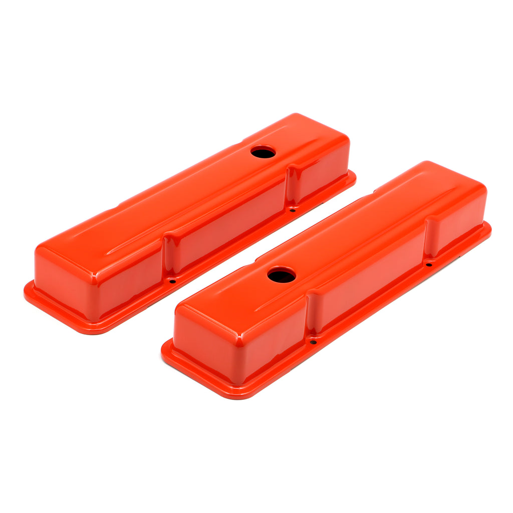 Chevy-283-400-Short-Orange-Powder-Coated-Valve-Covers--No-Baffles