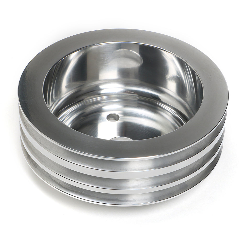 Crankshaft-Pulley;-3-Groove;-55-68-Chevrolet-283-350;-Long-WP--Pol.-Aluminum