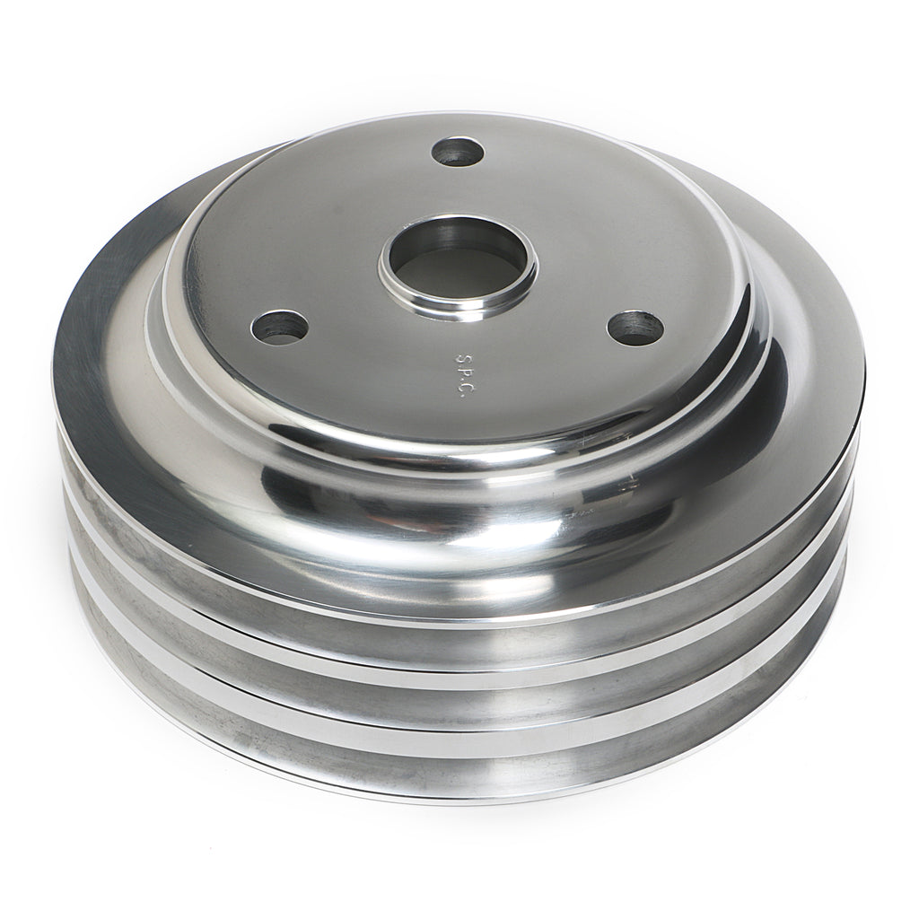 Crankshaft-Pulley;-3-Groove;-55-68-Chevrolet-283-350;-Long-WP--Pol.-Aluminum