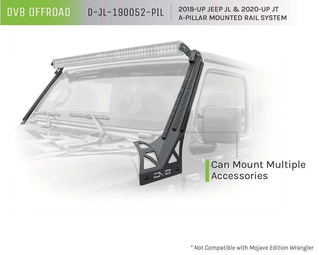 DV8 Offroad D-JL-190052-PIL A-Pillar Mounted Rail System for Select Jeep Gladiator, Jeep Wrangler