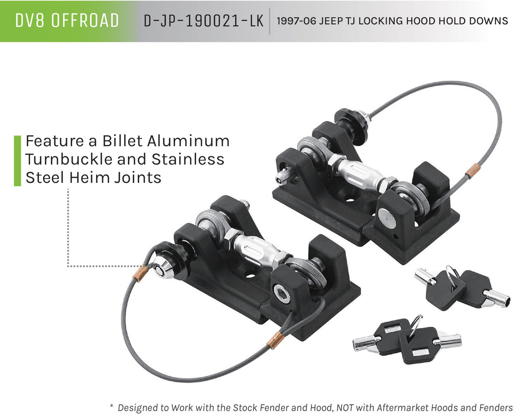 DV8 Offroad D-JP-190021-LK Locking Hood Hold Down; Pair for Select Jeep Wrangler