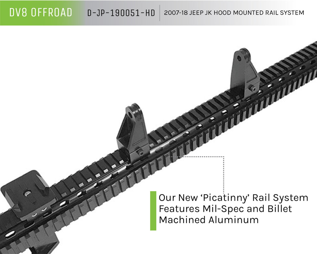 DV8 Offroad D-JP-190051-HD Picatinny Hood Mounted Rail System for Select Jeep Wrangler, Jeep Wrangler JK