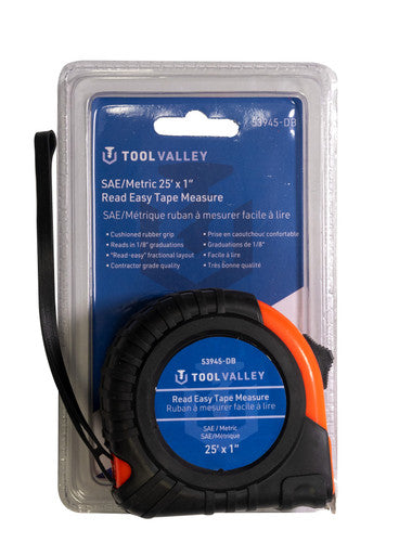 Tool Valley 53945-DB Read Easy SAE/Metric Tape Measure 25'X1" - Blue Table