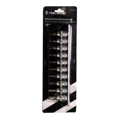 Tool Valley 77344 3/8 Dr SAE Hex Bit Socket-10pc Pro Tool - Black Table