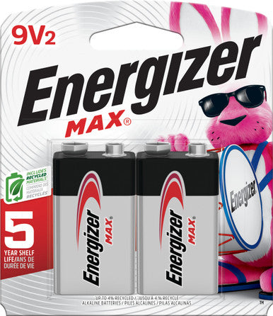 Energizer 522BP-2 MAX 9V Batteries (2 Pack), 9 Volt Alkaline Batteries