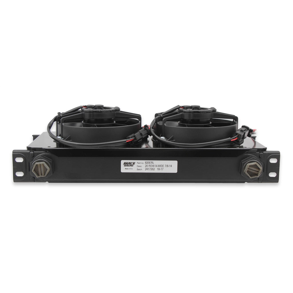 Earls-Ultrapro-Oil-Cooler-W-Dual-Fan-Pack---Black---20-Rows---Extra-Wide-Cooler---10-O-Ring-Boss-Female-Ports