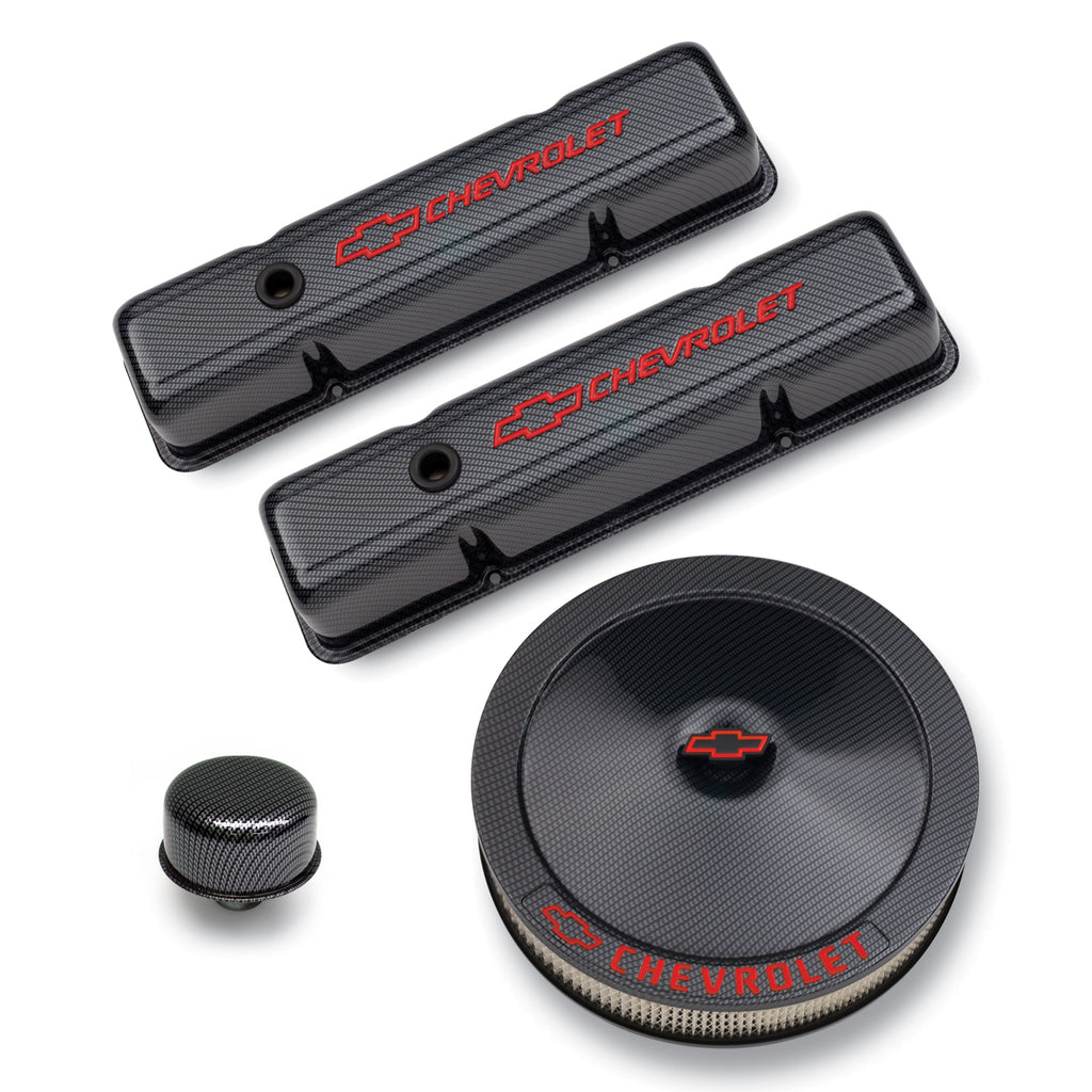 Engine-Dress-Up-Kit;-Black-Carbon-Finish;-Red-Bowtie;-Red-Letters;-For-Sb-Chevy