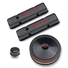 Load image into Gallery viewer, Engine-Dress-Up-Kit;-Black-Carbon-Finish;-Red-Bowtie;-Red-Letters;-For-Sb-Chevy