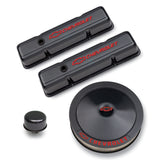 Proform 141-710 Engine Dress-Up Kit; Black Carbon Finish; Red Bowtie; Red Letters; For SB Chevy