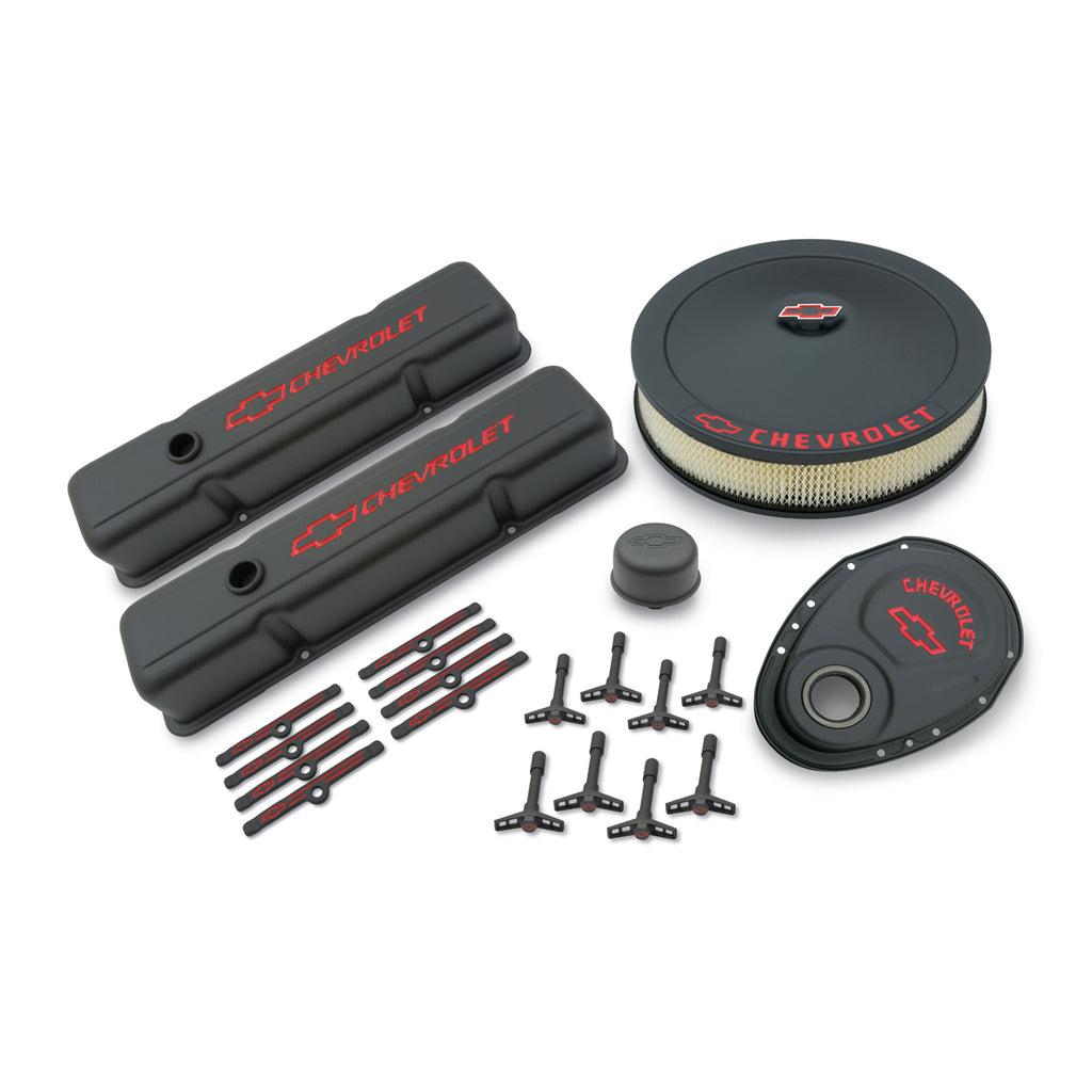 Engine-Dress-Up-Kit;-Black-Crinkle-Finish;-Red-Bowtie;-Red-Letters;-For-Sb-Chevy