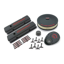 Load image into Gallery viewer, Engine-Dress-Up-Kit;-Black-Crinkle-Finish;-Red-Bowtie;-Red-Letters;-For-Sb-Chevy