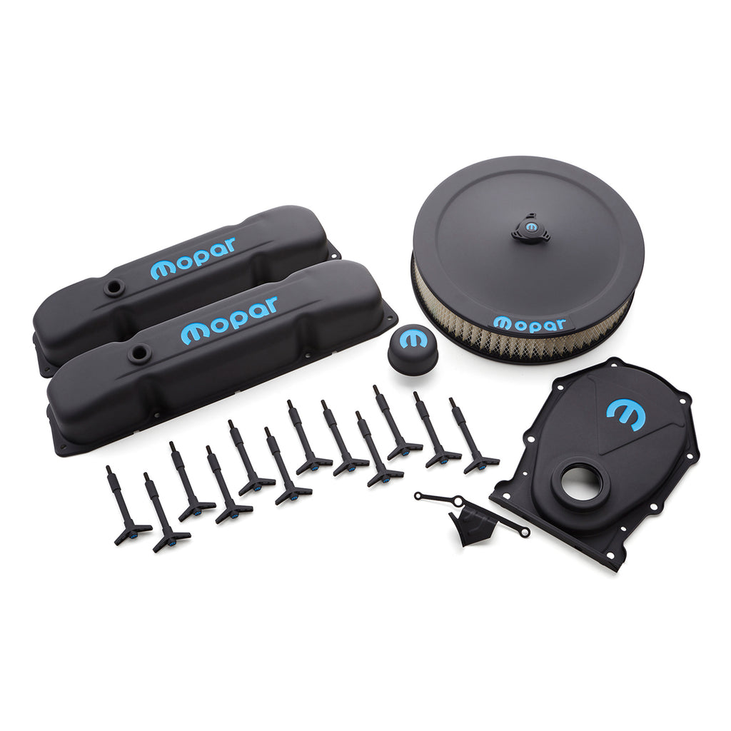 Engine-Dress-Up-Kit;-Black-Crinkle-WBlue-Mopar-Logo;-Big-Block-(BRb)-Engines