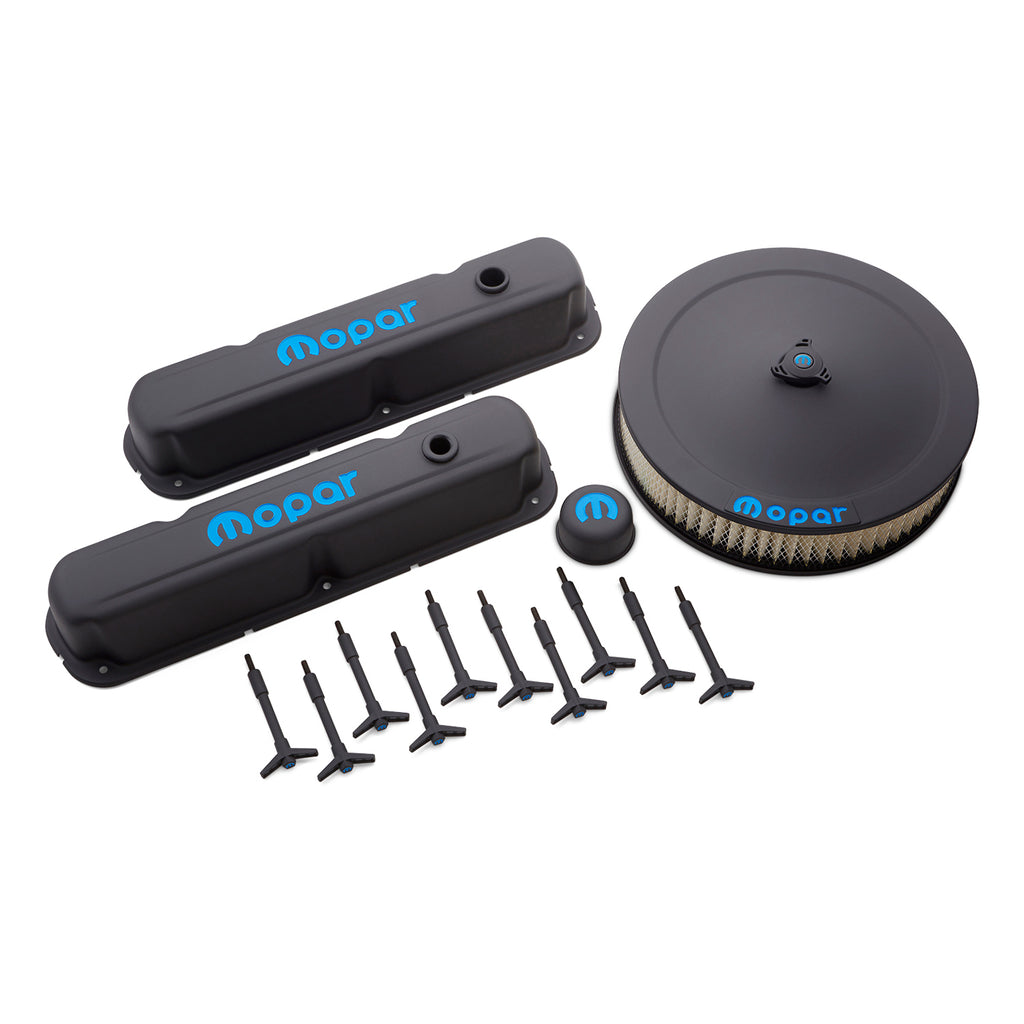 Engine-Dress-Up-Kit;-Black-Crinkle-WBlue-Mopar-Logo;-Fits-Small-Blk-(La)-Engine