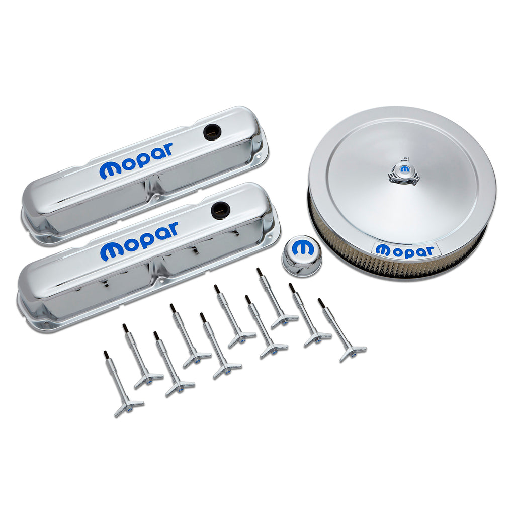Engine-Dress-Up-Kit;-Chrome-WBlue-Mopar-Logo;-Fits-Small-Block-(La)-Engines