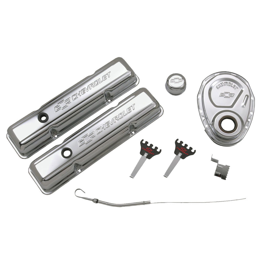 Engine-Dress-Up-Kit;-Chrome-With-Stamped-Chevy-Logo;-Fits-Sb-Block-Chevy-Engines