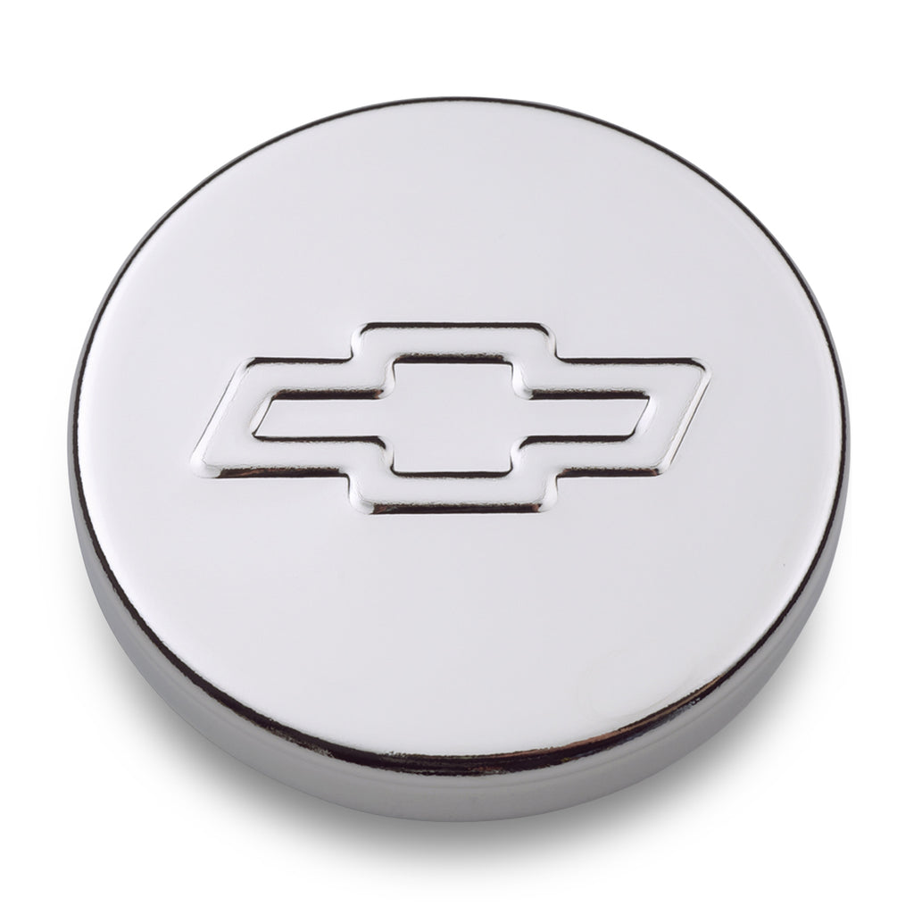 Engine-Oil-Filler-Cap;-Push-In-Style;-1.22-Hole;-Embossed-Bowtie-Logo;-Chrome