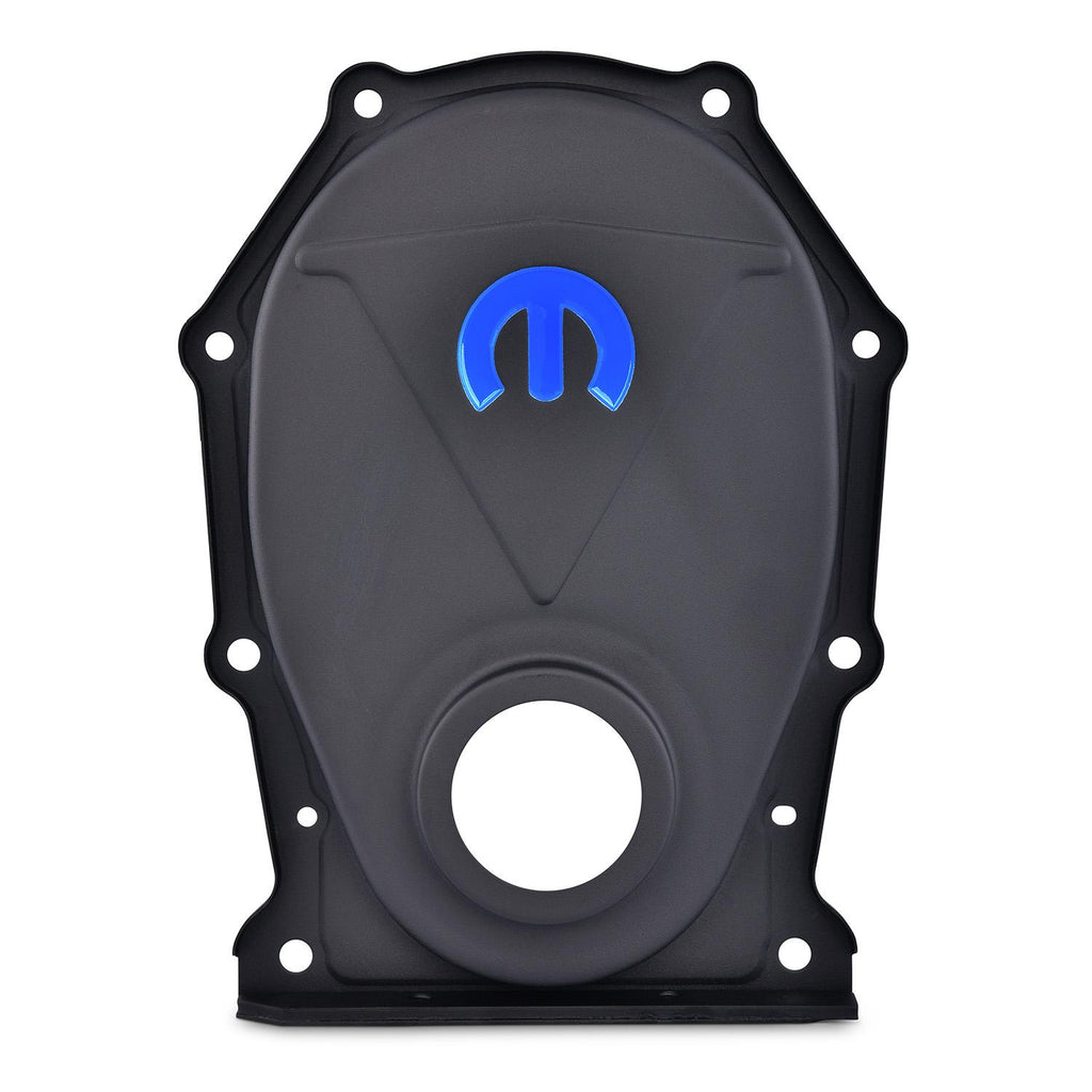 Engine-Timing-Chain-Cover;-Black-Crinkle;-Steel;-Blue-Mopar-Logo;-BRb-Chrysler
